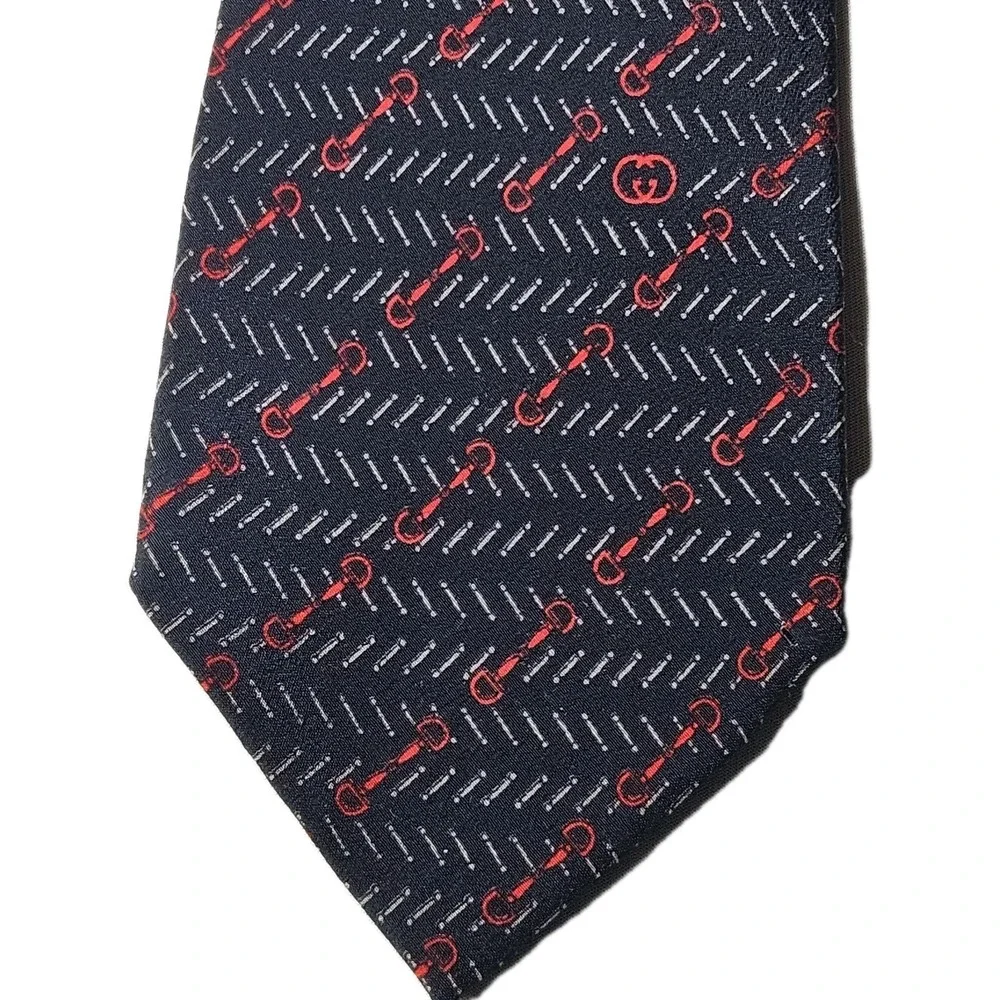 Gucci Men's 100% Silk Tie Made in Italy Barbell Logo Vtg Black Red